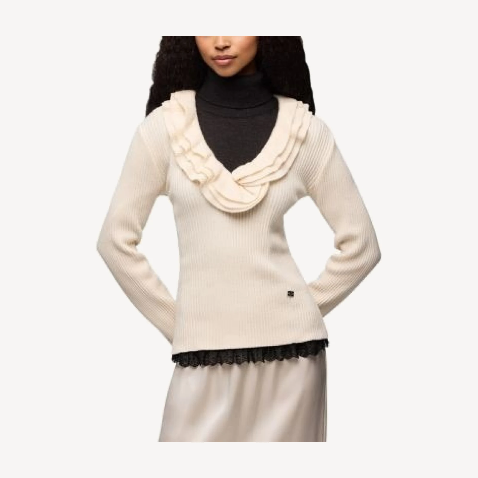 Ganni Ribbed Merino Wool-Blend Ruffel Sweater