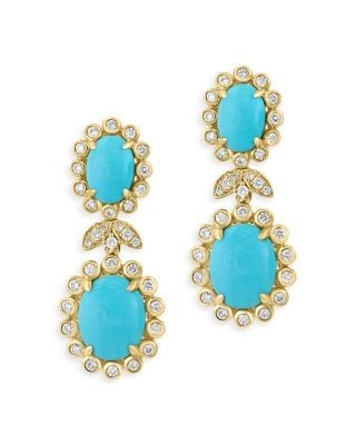 Bloomingdale's Fine Collection Turquoise & Diamond Flower Drop Earrings in 14K Yellow Gold