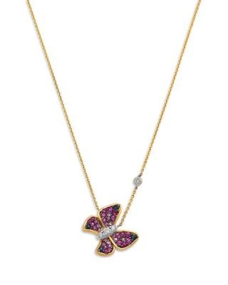 Bloomingdale's Fine Collection Blue Sapphire, Pink Sapphire & Diamond Butterfly Pendant Necklace in 14K Yellow Gold