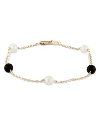 Bloomingdale's Fine Collection Cultured Freshwater Pearl & Onyx Bead Chain Link Bracelet in 14K Yellow Gold