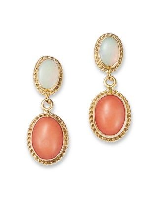 Bloomingdale's Fine Collection Opal & Coral Double Drop Earrings in 14K Yellow Gold