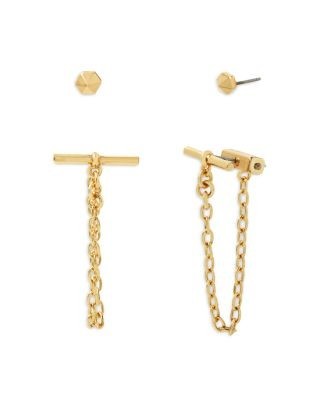 Allsaints Stud & Toggle Chain Front to Back Earrings in Silver Tone or Gold Tone, Set of 2