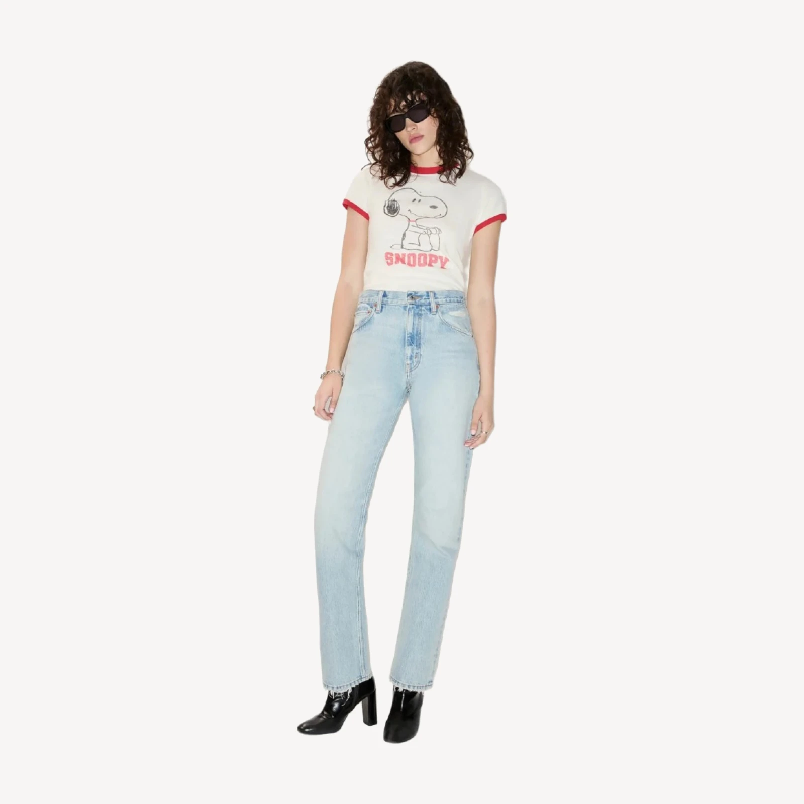 60s Slim Ringer "Snoopy" Tee - Vintage White With Crimson
