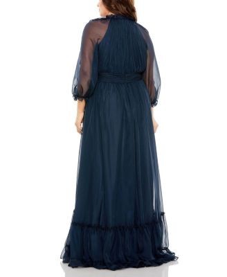 Mac Duggal Plus High Neck Puff Sleeve Tiered A Line Gown