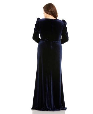 Mac Duggal Plus Velvet Long Sleeve Ruched Detail Thigh High Slit Gown