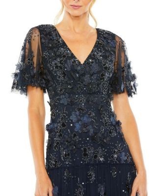 Mac Duggal Floral Embellished Flutter Sleeve Tiered Dress