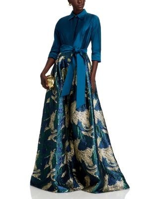 Teri Jon by Rickie Freeman Taffeta Jacquard Shirt Gown
