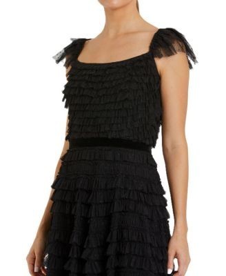 Mac Duggal Ruffle Cap Sleeve Tiered Midi Dress