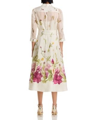Teri Jon by Rickie Freeman Silk And Linen Flower Border Print Shirt Waist Dress