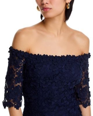 Teri Jon by Rickie Freeman 3D Flower Lace Off Shoulder High Low Gown
