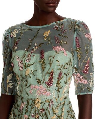 Teri Jon by Rickie Freeman Floral Embroidered Tulle Elbow Sleeve Gown