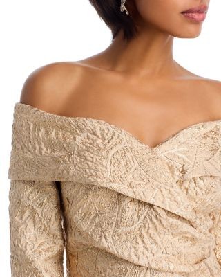 Teri Jon by Rickie Freeman Off-the-Shoulder Metallic Jacquard Gown