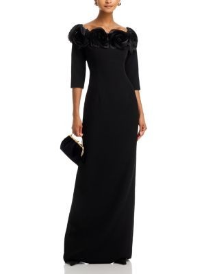 Teri Jon by Rickie Freeman Crepe 3D Flower Off the Shoulder Three Quarter Length Sleeved Gown