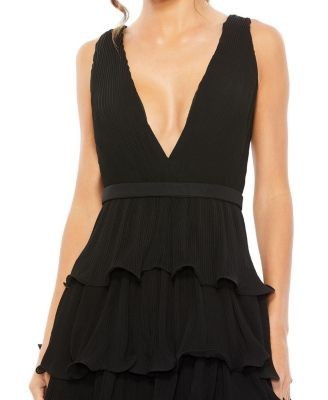 Mac Duggal Sleeveless Ruffle Tiered V Neck Gown