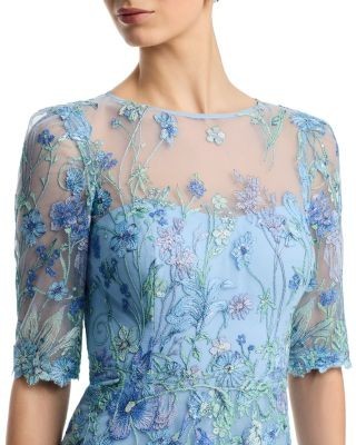 Teri Jon by Rickie Freeman Embroidered Tulle Elbow Sleeve Gown