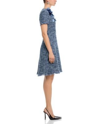 Teri Jon by Rickie Freeman Tweed Short Sleeve 3D Flower Trim Dress