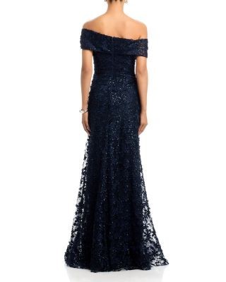 Teri Jon by Rickie Freeman 3D Lace Off-the-Shoulder Gown