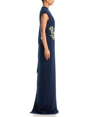 Teri Jon by Rickie Freeman Crepe Asymmetric Capelet Pearl Applique Waist Trim Gown