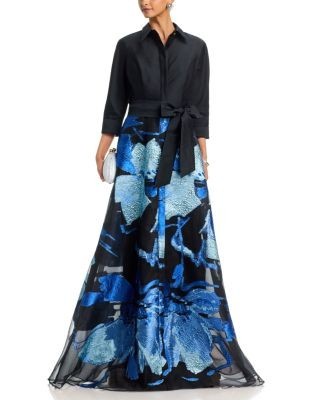 Teri Jon by Rickie Freeman Taffeta Shirtwaist Metallic Organza Skirt Gown