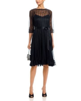 Teri Jon by Rickie Freeman Lace Pintuck Ruffle Hem Dress