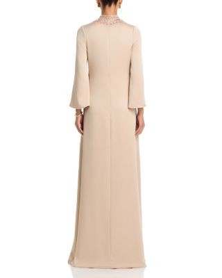 Teri Jon by Rickie Freeman Repe Back Satin Bead Collare Flare Sleeve Gown