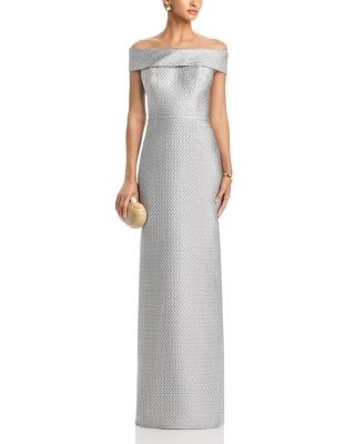 Teri Jon by Rickie Freeman Basket Weave Jacquard Off-the-Shoulder Gown