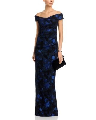 Teri Jon by Rickie Freeman Jacquard Off-the-Shoulder Column Gown