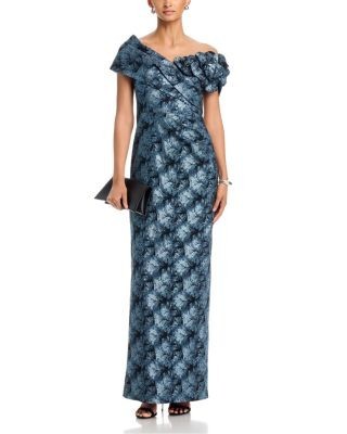 Teri Jon by Rickie Freeman Metallic Jacquard Off-the-Shoulder Flower Gown
