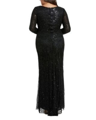 Mac Duggal Plus Long Sleeve V Beck Beaded Fringe Gown