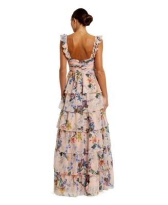 Mac Duggal Ruffle Sleeveless Chiffon Tiered Floral Print Gown