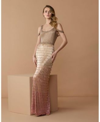 Mac Duggal Scoop Neck Embellished Fringe Gown