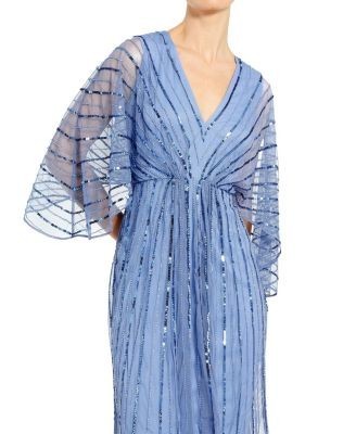 Mac Duggal Beaded Striping Kimono Sleeve V Neck Dress