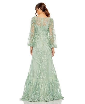 Mac Duggal V Neck Puff Sleeve A Line Embroidered Gown