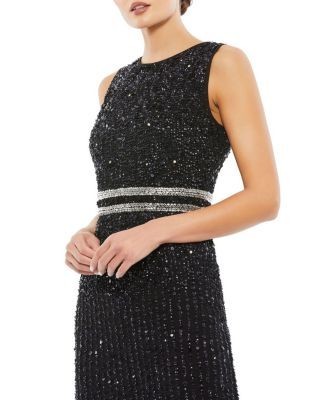 Mac Duggal Sleeveless High Neck Beaded Midi Sheath Dress