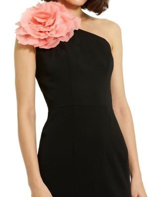 Mac Duggal Crepe One Shoulder Midi Dress with Flower