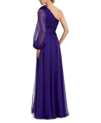 Mac Duggal One Sleeve Ruched Chiffon Gown with 3D Flower