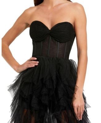 Mac Duggal Strapless Bustier Net Gown With Spiral Ruffles