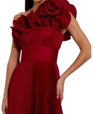 Mac Duggal Pleated Charmeuse One Shoulder Ruffle Gown