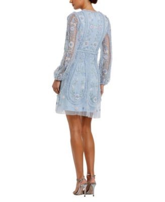 Mac Duggal Long Sleeve Micro Ruffle Mini Dress