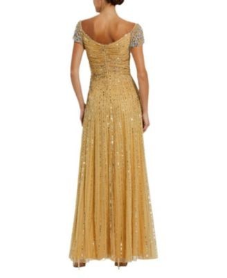 Mac Duggal Striped Sequin Mesh Gown With Beaded Shoulders