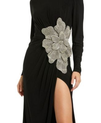 Mac Duggal Thigh High Slit Embellished Flower Detail Jersey Gown