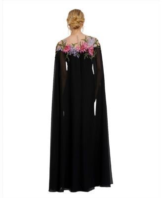 Mac Duggal Sheer Cape Beaded Floral Embroidery Detail Gown