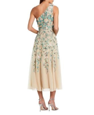 Mac Duggal Floral Embellished Mesh One Shoulder Midi Dress