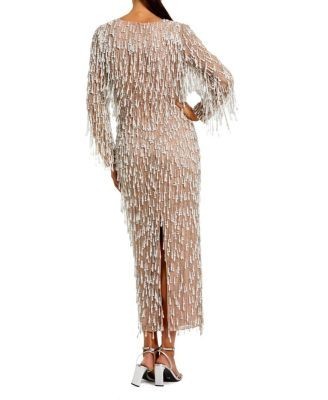 Mac Duggal Long Sleeve Midi Dress with Embellished Fringe
