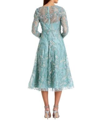 Mac Duggal Floral Embroidered V Neck Long Sleeve Midi Dress