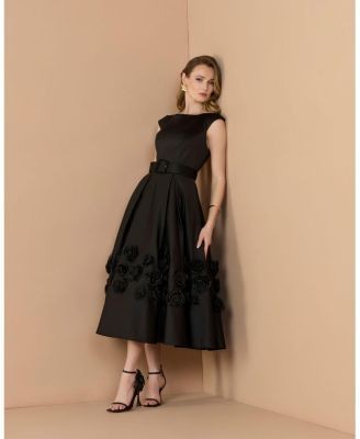 Mac Duggal Satin Cap Sleeve A Line Midi Dress With 3D Flowers