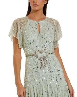 Mac Duggal Beaded Mesh Flutter Sleeve A Line Midi Dress