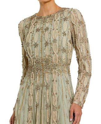Mac Duggal Embellished Mesh Long Sleeve A Line Gown