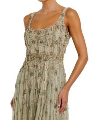 Mac Duggal Embellished Mesh Sleeveless Scoop Neck Midi Dress