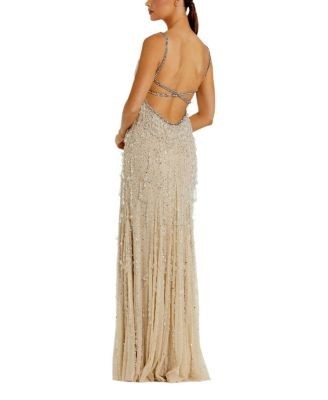 Mac Duggal Thin Strap Net Embellished V Neck Gown